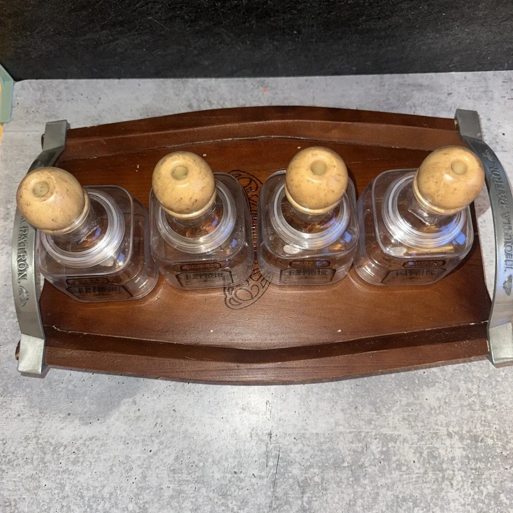 Patron Tequila Reusable 4 Plastic Bottle Cups + Wood Plater